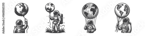 Vintage Hand-Drawn Astronaut Holding Balloon Shaped Like Earth Illustration, Space Explorer Engraved Vector for Sci-Fi and T-Shirt Design
