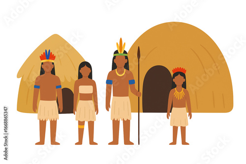 Brazilian Amazon tribes flat vector illustrations huts traditional clothing