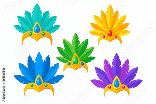 Brazilian carnival headpieces flat vector design jewels feathers