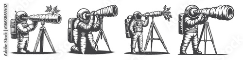 Vintage Hand-Drawn Astronaut Using Telescope Made of Carrots Illustration, Space Explorer Engraved Vector for Funny Surreal and T-Shirt Design