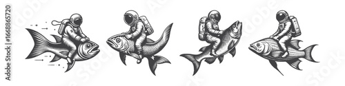 Vintage Hand-Drawn Astronaut Riding a Flying Fish Illustration, Space Explorer Engraved Vector for Surreal Sci-Fi and T-Shirt Design