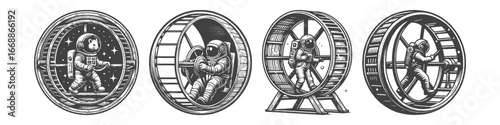 Vintage Hand-Drawn Astronaut in Hamster Wheel Space Station Illustration, Space Explorer Engraved Vector for Funny Sci-Fi and T-Shirt Design
