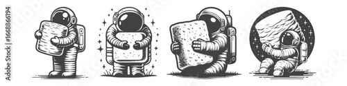 Vintage Hand-Drawn Astronaut Hugging a Giant Marshmallow Illustration, Space Explorer Engraved Vector for Funny Sci-Fi and T-Shirt Design