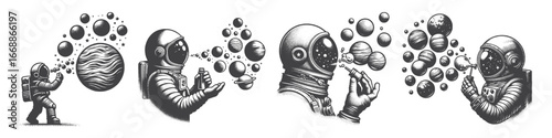 Vintage Hand-Drawn Astronaut Blowing Bubbles That Turn Into Planets Illustration, Space Explorer Engraved Vector for Surreal Sci-Fi and T-Shirt Design