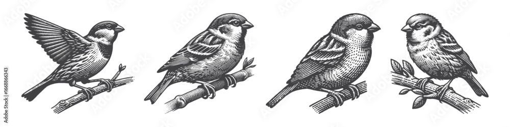 Fototapeta premium Vintage Hand-Drawn Sparrow Illustration, Small Bird Engraved Vector for Nature and T-Shirt Design