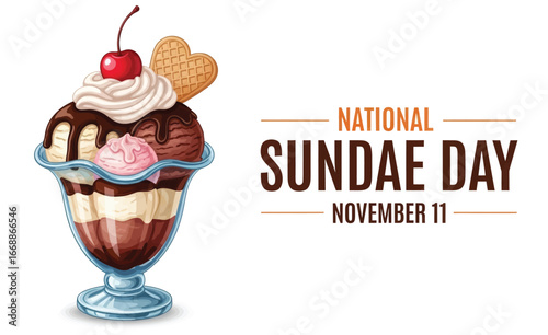 Colorful Ice Cream Sundae vector  Illustration on white with Chocolate, Vanilla, and Strawberry Scoops Topped with Whipped Cream, Cherry, and Cookie for National Sundae Day on November 11