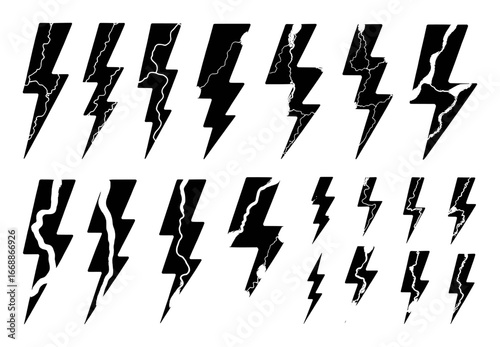 Collection of Black Lightning Bolt Icons with Jagged White Lines