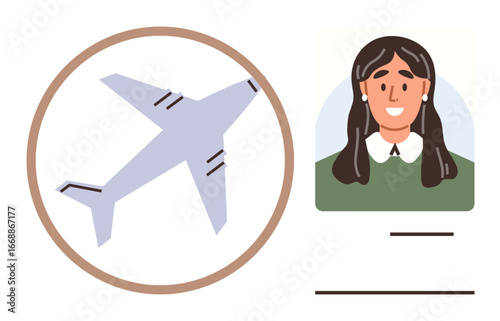 Airplane inside a circular frame alongside a female portrait ID card. Ideal for air travel, passenger profile, verification, identification, security checks, aviation industry, simple flat metaphor