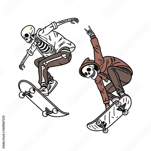 Skeleton skateboarders performing tricks in streetwear hoodies illustration