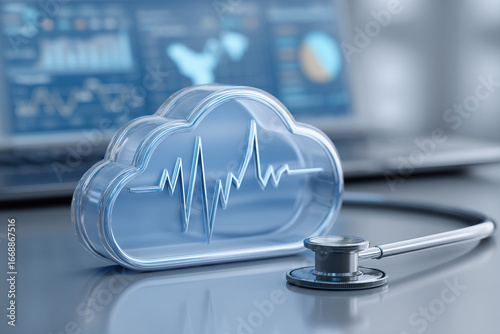 Glass cloud with heart rate display and stethoscope. Medical record management with digital data storage. Healthcare and telemedicine concept for smart health analysis