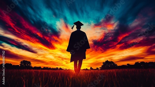 Silhouette of a graduate walking towards a colorful sunset symbolizing achievement