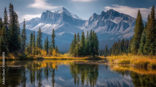 Scenic Mountain Landscape Reflecting in Calm Lake Water Surrounded by Lush Evergreen Trees in Autumn