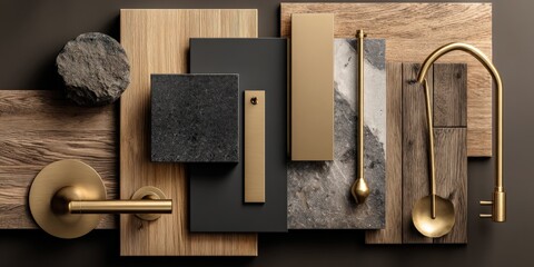 Elegant interior design mood board featuring wood, stone, and metallic elements for a sophisticated aesthetic