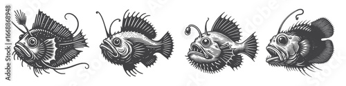 Vintage Hand-Drawn Anglerfish Illustration, Deep Sea Creature Engraved Vector for Ocean and T-Shirt Design