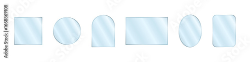 Mirror surfaces catch bright reflections and glossy highlights, creating a sleek and shiny composition. Transparent and modern elements blend with subtle shadows for a clean, elegant illustration.