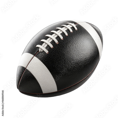 Realistic, textured, black football with white stripes and laces, isolated on black