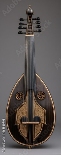 Dark wood pear-shaped oud with intricate gold inlay around soundholes and bridge, featuring a slender neck and multiple tuning pegs