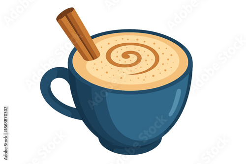 Hot beverage with cinnamon stick in blue mug on white background cappuccino with cinnamon