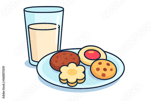 Cookies and milk served on a plate with colorful decorations cookie tray with milk
