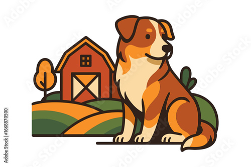Brown dog sitting in front of barn on green farm landscape farm dog by barn