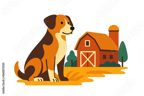 Dog sitting in front of barn in rural farm setting farm dog by barn