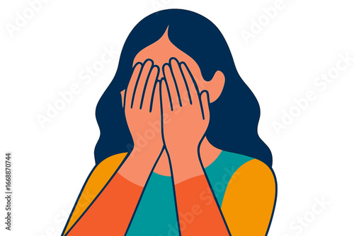 Young woman covering her face with hands in illustrative style woman covering face with hands