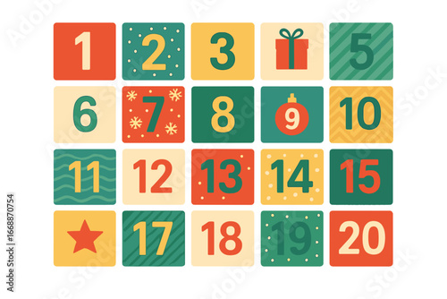 Advent calendar design with colorful numbered squares for Christmas advent calendar with numbers