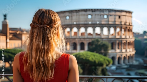 Woman in Red Dress Admiring the Colosseum in Rome