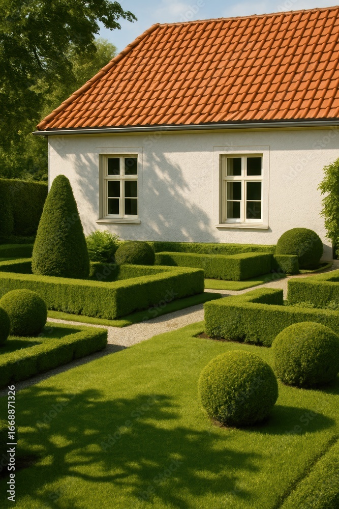 Obraz premium Manicured garden with hedge sculptures and white house in sunny setting