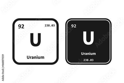 Uranium, U, chemical periodic table element icon. The chemical element of the periodic table. Icon with molar mass and atomic number for lab, science or chemistry class.