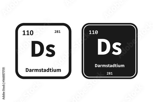 Darmstadtium, Ds, chemical periodic table element icon. The chemical element of the periodic table. Icon with molar mass and atomic number for lab, science or chemistry class.