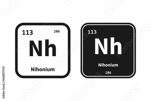 Nihonium, Nh, chemical periodic table element icon. The chemical element of the periodic table. Icon with molar mass and atomic number for lab, science or chemistry class.