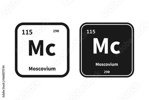 Moscovium, Mc, chemical periodic table element icon. The chemical element of the periodic table. Icon with molar mass and atomic number for lab, science or chemistry class.