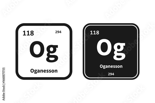 Oganesson, Og, chemical periodic table element icon. The chemical element of the periodic table. Icon with molar mass and atomic number for lab, science or chemistry class.