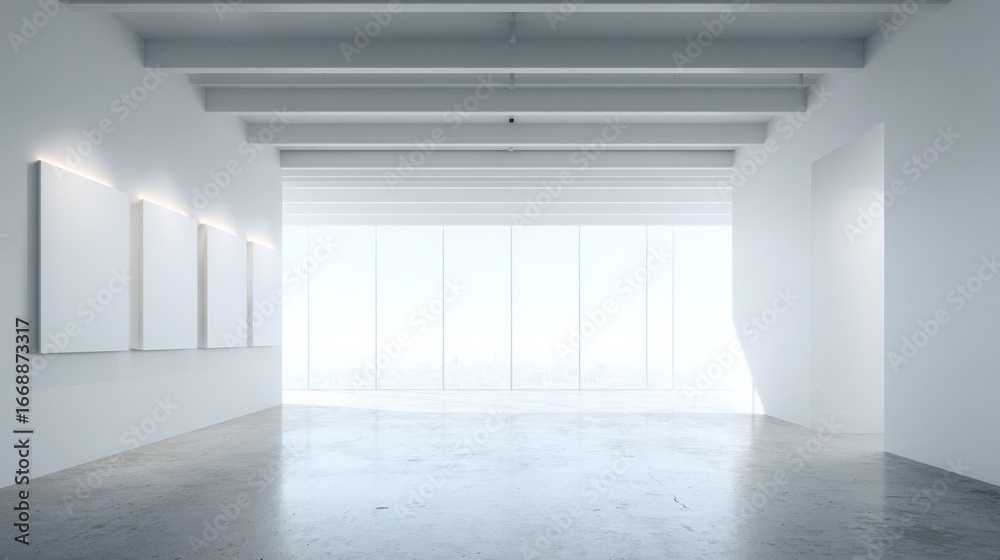 Fototapeta premium Bright Gallery Space with White Walls and Concrete Floor Ideal for Art Display