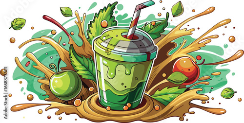 Refreshing Green Smoothie in a To- Go Cup with Straw Surrounded by Fruit and Splashing Liquid healthy drink
