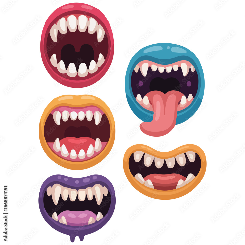 Naklejka premium Collection funny cartoon mouths monsters vector illustration isolated on white background
