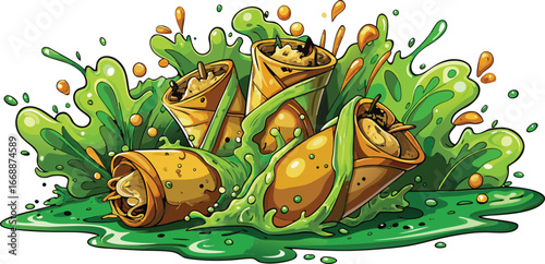 Three Golden Spring Rolls Wrapped in Green Sauce Splashes and Bubbles egg rolls food