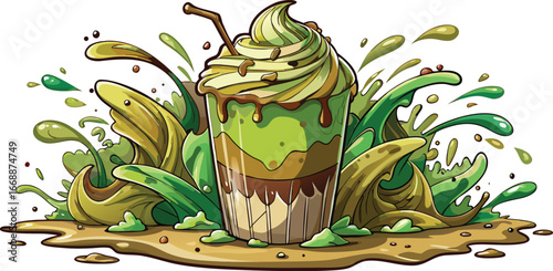 Vibrant green milkshake with chocolate drizzle and leafy splashes smoothie drink