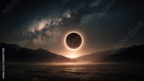 Total solar eclipse over mountains