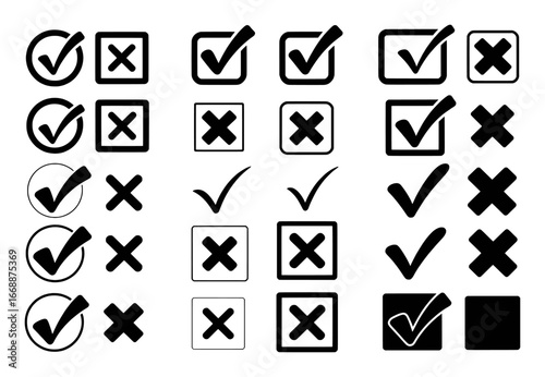 Collection of Checkmark and Cross Icons in Various Styles