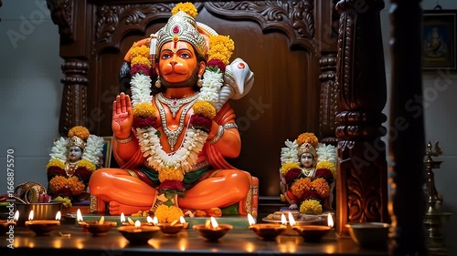 Hindu Deity Hanuman Statue Adorned with Garland Displayed with Oil Lamps Creating an Atmosphere of Faith and Spirituality in Dark Wooden Interior