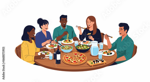 Food with friends around a table enjoying sushi, pasta, and pizza in warm colors, food with friends. Group of people, food with friends, eat together in a circle, symbolizing community and connection.