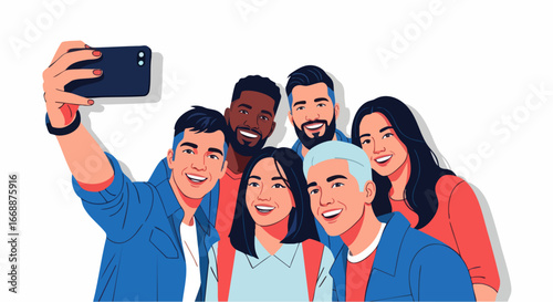 Cheerful friends selfie featuring group of young adults smiling into phone camera. This friends selfie depicts diverse group enjoying time together, with various ethnicities represented in this photo.