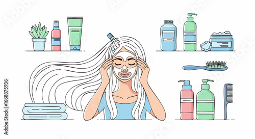 Girl applying facial mask for hair care home treatment, showcasing spa day essentials. Hair care home treatment is a moment of relaxation with face mask, lotions, shampoo, and a hairbrush.