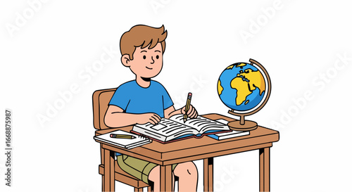 Homeschooling kid (7) is studying attentively at desk with workbook and globe, focusing on learning. Homeschooling kid (7) appears happy and engaged in homeschooling, writing with a pen,
