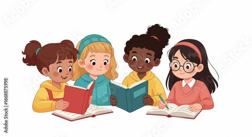 Kids reading a book in school, group of friends enjoy learning together, and each kid reading is focused on studies. Kids reading opens door to knowledge. Kids reading will influence future.