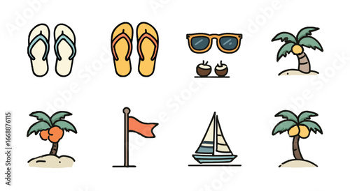 Summer Vacation Vector Icons Collection Featuring Beach Essentials and Tropical Elements for Relaxation and Adventure