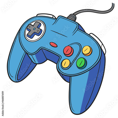 Illustration of a blue game controller with colorful buttons, , representing video games, entertainment, and digital technology