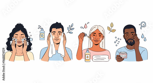 Diverse individuals showing skincare routine with facial cleansers and serums for glowing skin. Skincare routine includes facial washing,